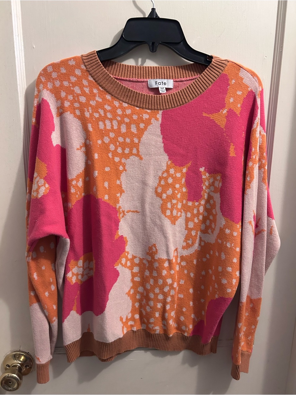 Fate 100% Cotton Abstract Floral Mod Crewneck Sweater Orange Pink Women’s M